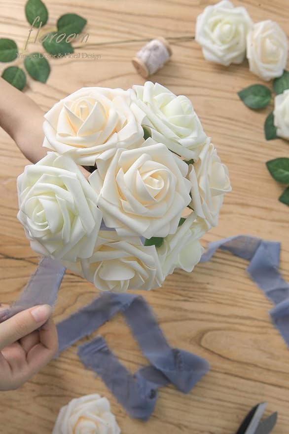 Floroom Artificial Flowers 50pcs Real Looking Champagne Foam Fake Roses with Stems for DIY Wedding Bouquets Bridal Shower Centerpieces Floral Arrangements Party Tables Home Decorations