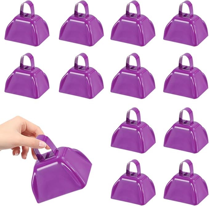 3Inch Cowbells for Sporting Events,12Pcs Metal Cow Bells Bulk Loud Noise Makers Cow Bell with Handle for Cheering Football Games Spirit Marathon Weddings Party Noisemakers, Purple