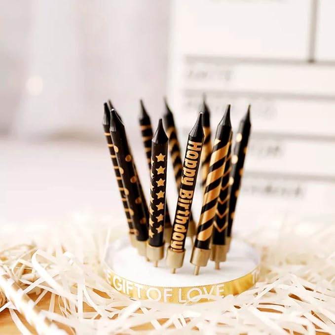 12 Pcs Black & Gold Birthday Candles – 2-Pack Short Elegant Cake Candles for Birthday Parties, Cake Decorations & Special Occasions