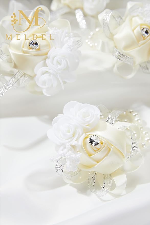 Meldel Wedding Wrist Corsages, 4pcs/Set Beige Ivory White Rose Pearl Bracelet Corsage for Bridal Bridesmaid, Mother of Bride Wrist Flower On Wrist Wedding Prom Party Homecoming Anniversary