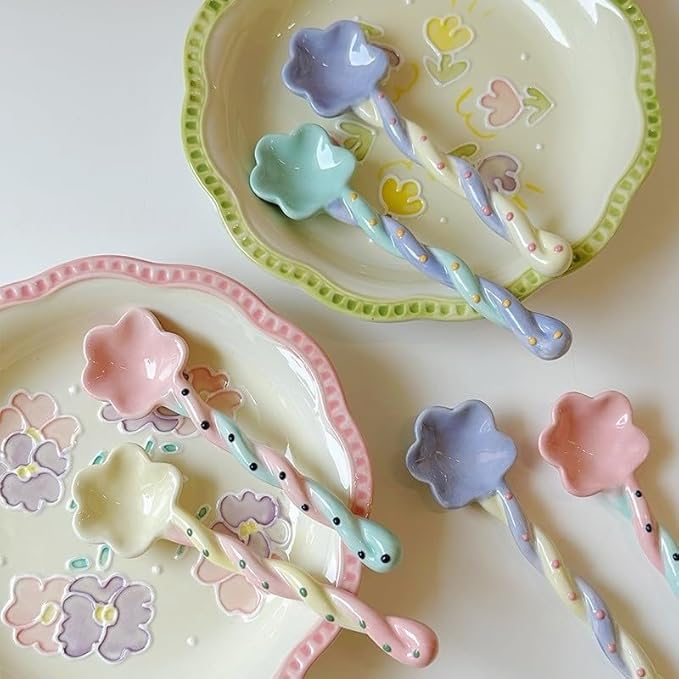 4-Pack - Ceramic Vintage Afternoon Tea, Coffee Whisk, Floral embossed beaded dessert spoon，Handmade Spoon, Long-Handle Coffee Scoop, tea scoop for loose tea, Size 5.9 * 1.5in(15 * 4cm)