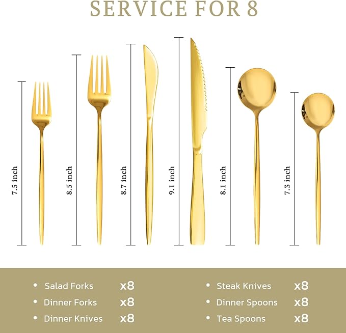 Astercook Silverware Set 48-Piece Gold Flatware Set with Steak Knives Food-Grade Stainless Steel Cutlery Set for 8 Mirror Polished Utensils Set for Home Kitchen Restaurant Valentine's Gift
