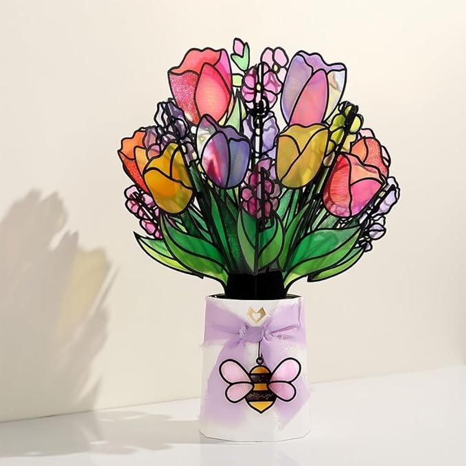 Lovepop Everyday Pop-Up Suncatcher Bouquet for Her and Him - 3D Greeting Cards for Boys, Girls, Men, Women - Vibrant Tulips - 12" Bouquet - Blank Notecard & Envelope Included