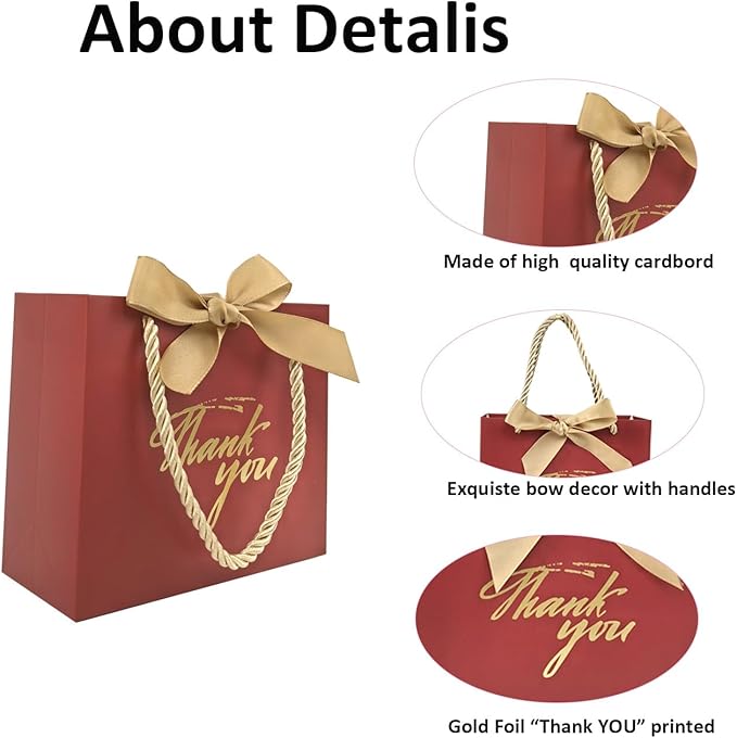 TKSBAG 50 Pack Small Thank You Gift Bags with Handles, 5.5''x 2.5''x4.7'' Mini Red Gift Bags Bulk for Baby Shower, Birthday, Wedding, Party Favors