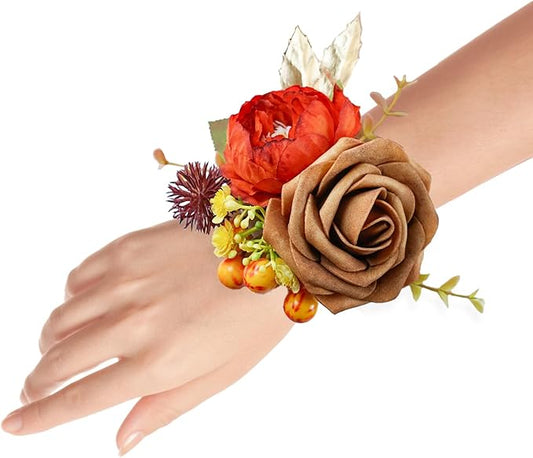 Set of 2 Wrist Corsage Wristlet for Wedding Bridesmaid Mother Grandmother for Bridal Shower Wedding Artificial Roses Flower Prom Burnt Orange Cream Yellow