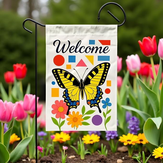 FLAGMEUP8386 Welcome Butterfly Garden Flag 12x18 Inch Double-Sided Polyester Yard Banner with Swallowtail and Geometric Flowers, Outdoor Decoration for Late Summer and Fall