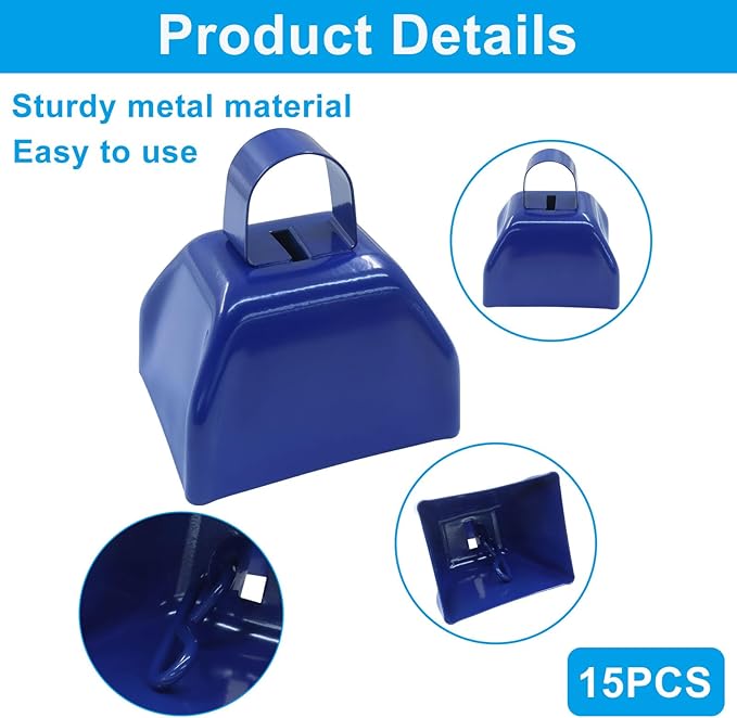 15 Pack 3 Inch Blue Metal Cowbells -Cowbells Noise Makers Hand Percussion Cow Bells Loud Cowbells with Handle for Sports Games,Weddings and Parties