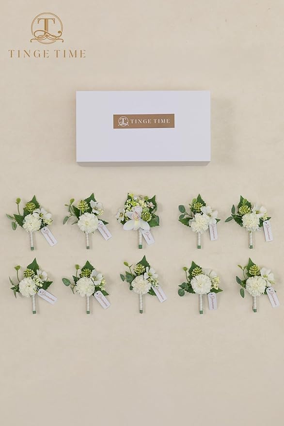 TINGE TIME Boutonniere for Men Wedding,Groom and Best Man Boutonniere for Wedding Ceremony Anniversary, Formal Dinner Party and Rustic Spring Wedding Marriage (10, Ivory Cymbidium)