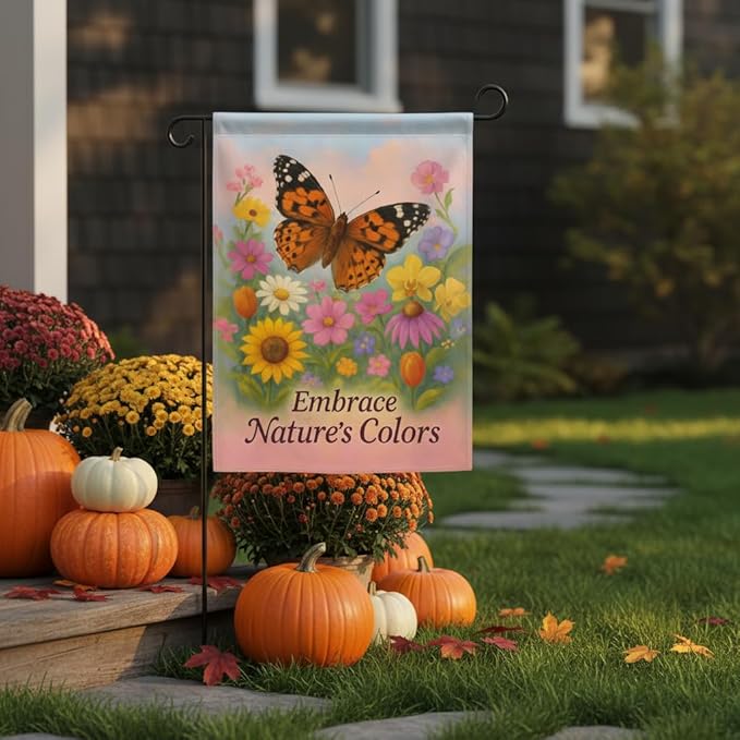 FLAGMEUP8386 Welcome Butterfly Garden Flag 12x18 Inch Double-Sided Polyester Fall Flag with Monarch and Painted Lady on Wildflowers, “Embrace Nature’s Colors Quote Autumn Outdoor Decoration