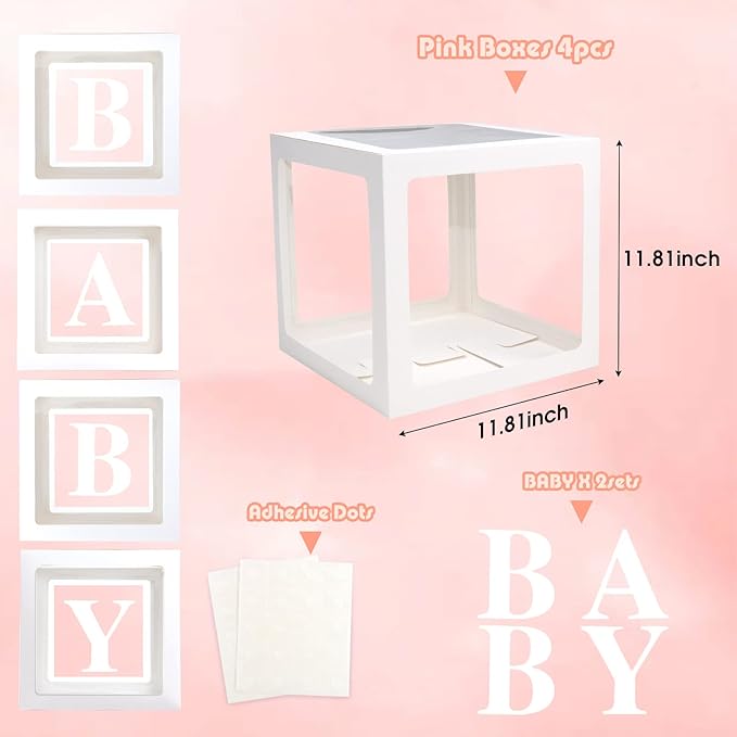 Baby Boxes with Letters for Baby Shower, Gender Reveal Decorations with 4 Transparent Balloon Boxes for Gender Reveal Baby Shower Decorations(White)