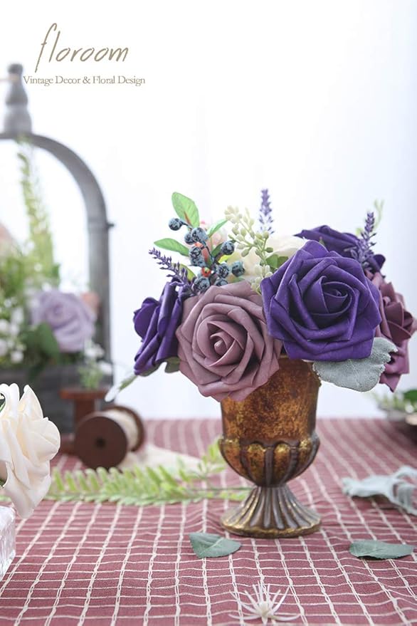 Floroom Artificial Flowers 25pcs Real Looking Dark Purple Foam Fake Roses with Stems for DIY Wedding Bouquets Bridal Shower Centerpieces Floral Arrangements Party Tables Home Decorations