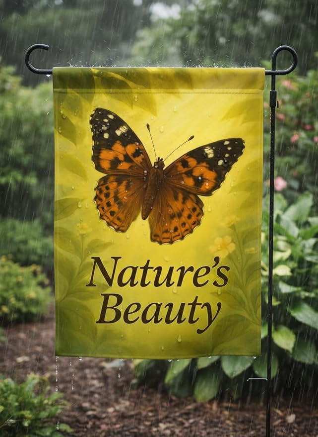 FLAGMEUP8386 Welcome Butterfly Garden Flag 12x18 Inch Double-Sided Polyester Fall Flag with Monarch and Painted Lady on Glowing Leaves, “Nature’s Beauty Quote Seasonal Yard Decoration