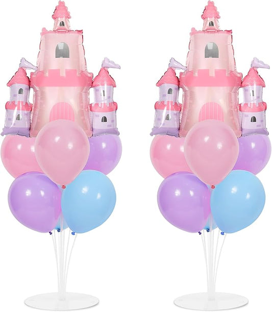 Princess Party Balloons Stand Kit 2 Sets with 2 Princess Castle Foil Balloons Pastel Blue Pink Purple Themed Party Balloon Centerpiece for Tables for Girls Baby Shower Fairytales Birthday Decorations