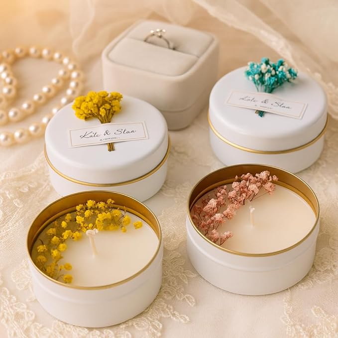 Personalized Natural Soy Wax Wedding Favor Candle Gift Set for Guest - Fall Winter Christmas Custom Dried Flower Bridal Baby Shower Gifts in Bulk (30 Pieces, Yellow Flower)