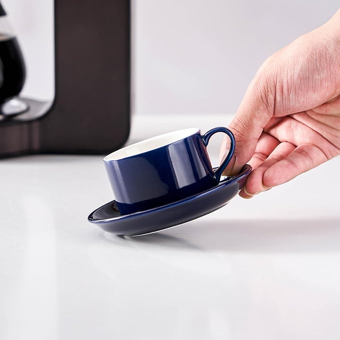 2.5oz Espresso Cups Set of 4, Porcelain Stackable Espresso Cups with Saucers and Metal Stand Set, Blue Expresso Shots Cup Set for Cappuccino, Coffee Drinks, Latte, Tea