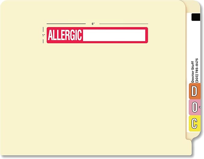 Allergic Chart Label 6-1/2” x 1” White Red Doctor Stuff Handwritten Alert Sticker Permanent Adhesive 100 Stickers/Box for Medical Charting and Triage