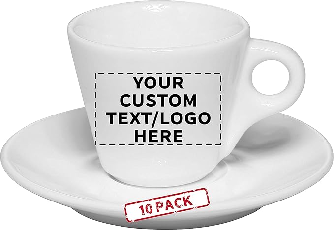 Custom Espresso Cups with Saucer 2.75 oz. Set of 10, Personalized Bulk Pack - Perfect for Espresso, Tea, Other Beverages - White