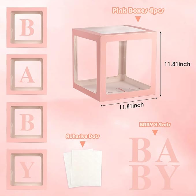 Baby Boxes with Letters for Baby Shower Decorations - 4 Transparent Balloon Boxes for Girl Baby Gender Reveal Decorations (Pink)