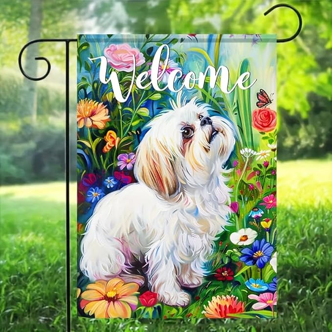 HOMETITUTE Shih Tzu Garden Flag 12x18 Double Sided Welcome Yard Flag Outdoor Farmhouse Decor Colorful Floral Butterfly Puppy for Front Porch Patio Lawn Pathway Spring Summer Home Decoration
