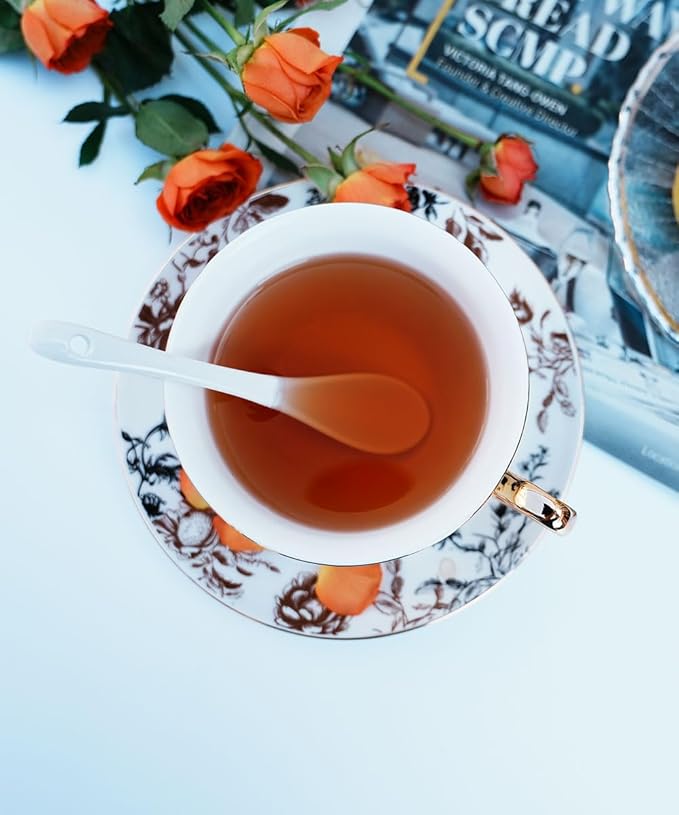 Bone China Tea Cup and Saucer Set with Spoon，Elegant Floral Tea Cup Set (7 oz)，British Coffee Latte Mug for Mother's Day Gifts