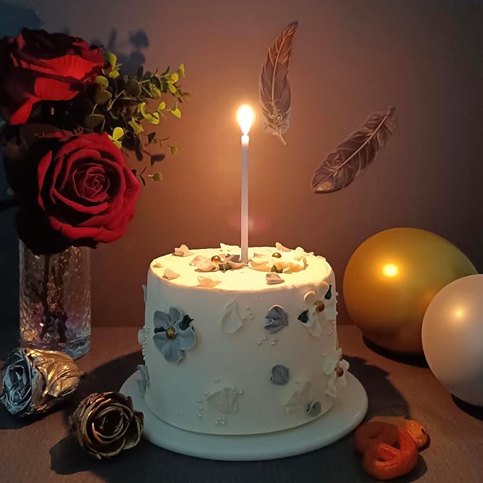 Long Thin White Birthday Candles for Cake Topper 24 Counts with Holders Cake and Cupcake Decorations (24, Pure White)