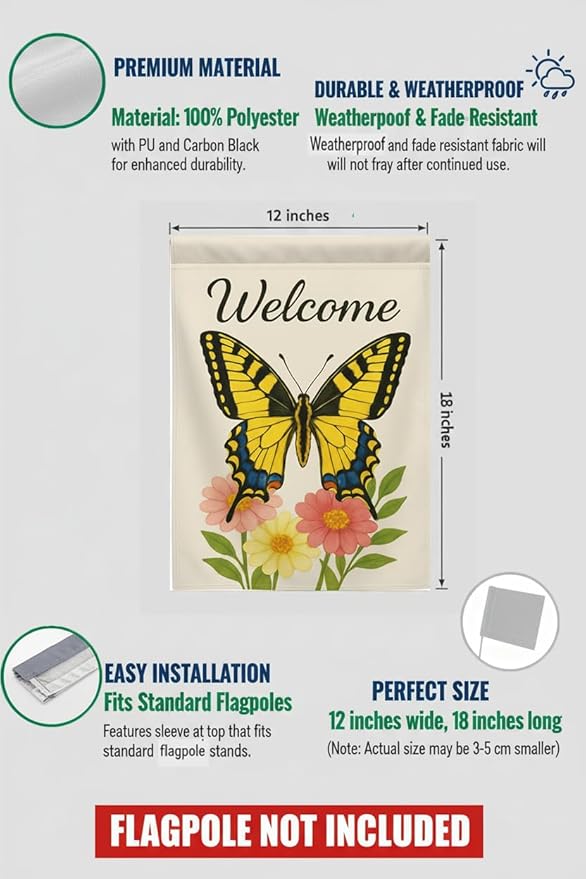 FLAGMEUP8386 Welcome Butterfly Garden Flag 12x18 Inch Double-Sided Polyester Yard Banner with Swallowtail and Floral Design, Outdoor Decoration for Pollinator Week, Labor Day and Fall Garden Refresh