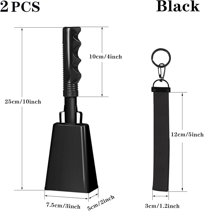 10Inch Cowbells with Handle for Sporting Events, 2Pcs Large Cow Bells with Wrist Straps, Loud Noise Makers for Cheering Football Games Spirit Marathon Weddings Party Noisemakers, Black