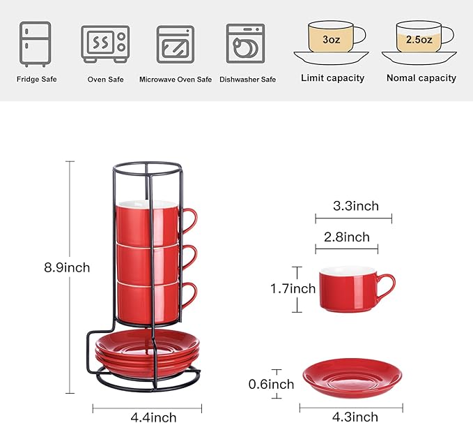 2.5oz Espresso Cups Set of 4, Porcelain Stackable Espresso Cups with Saucers and Metal Stand Set, Red Expresso Shots Cup Set for Cappuccino, Coffee Drinks, Latte, Tea