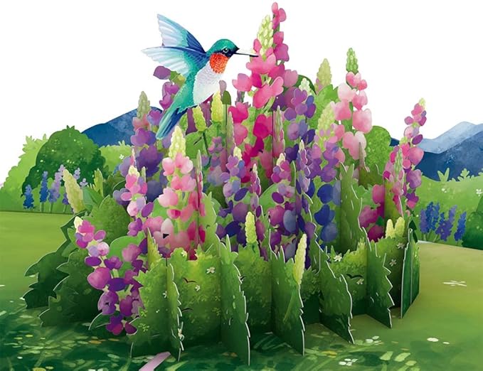 Lovepop Lupine Hummingbird Pop-Up Card - Hummingbird Pop-Up Greeting Cards - 3D Birthday Card - 5" x 7" - Envelope Included