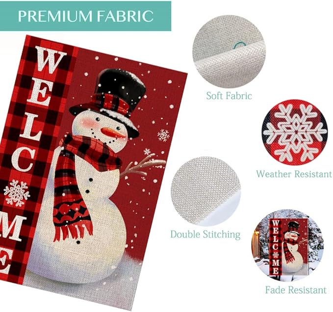 Welcome Christmas Garden Flag Double Sided Snowman with Buffalo Plaid Scarf Garden Flag, Winter Christmas Rustic Yard Outdoor Decoration 12.5 x 18 Inch