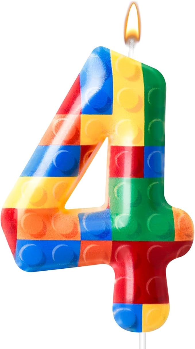 Building Block Themed Birthday Candle Number 4 Candle Birthday Party Decoration Cake Topper for Building Block Party Decoration Theme Parties Supplies (Number 4)