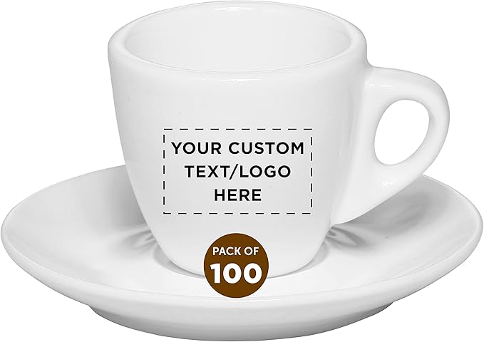 Custom Espresso Cups with Saucer 2.5 oz. Set of 100, Personalized Bulk Pack - Perfect for Coffee, Tea, Espresso, Hot Cocoa, Other Beverages - White