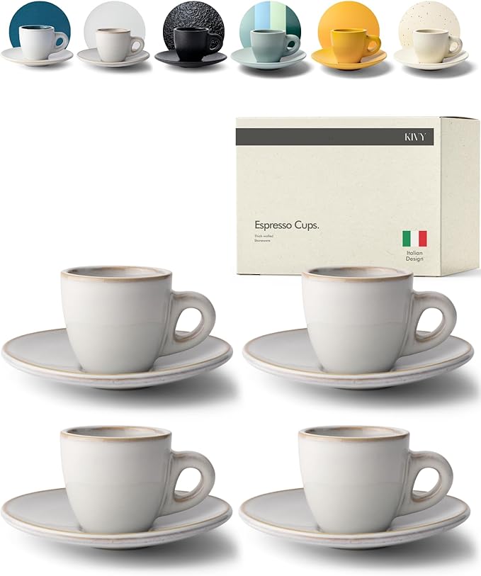 KIVY 3 oz Espresso cups set of 4 - Thick walled stoneware espresso cup set - Italian style espresso cups and saucers - Demitasse cups set of 4 - Small coffee mugs - Demitasse cups and saucers sets