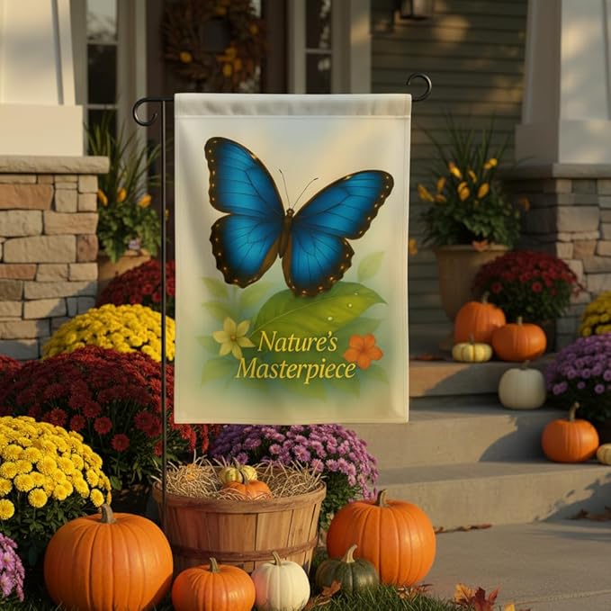 FLAGMEUP8386 Welcome Butterfly Garden Flag 12x18 Inch Double-Sided Polyester Yard Banner with Blue Morpho Tropical Leaves, Fall Flag for Seasonal Garden Decoration with Nature’s Masterpiece Quote