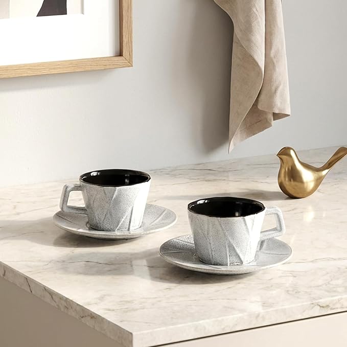 Ceramic Espresso Cups with Saucers 6 oz,Coffe Cups for Cappuccino,Latte,Tea with Saucers Set of 4 - Geometry - Gray