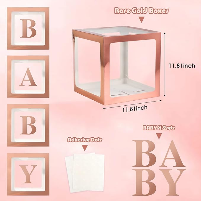 Baby Boxes with Letters for Baby Shower, Gender Reveal Decorations with 4 Transparent Balloon Boxes for Gender Reveal Baby Shower Decorations(Rose Gold)
