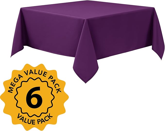 6-Pack Purple Tablecloths for Square Tables, 70 x 70 Inches, Stain-Resistant Polyester Fabric for 3 Foot Tables - Washable Table Covers for Weddings, Banquets, Birthday Parties, Events