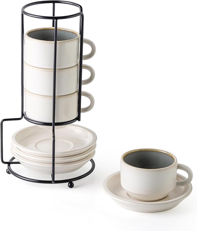 JIEMEI HOME Porcelain Stackable Espresso Cups with Saucers and Metal Stand, 4 Ounce Demitasse Cups for Specialty Coffee Drinks, Cafe Mocha Tea-Set of 4, Stackable Espresso Mugs, White & Green