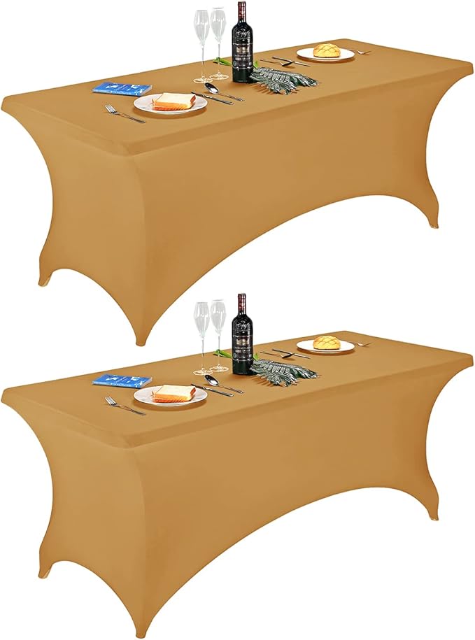 FORLIFE 2Pack Spandex Table Covers，Fitted Tablecloth for Rectangular Tables, Stretch Patio Table Covers, Universal Spandex Table Cover for Wedding, Banquet, Party (6ft, Gold)