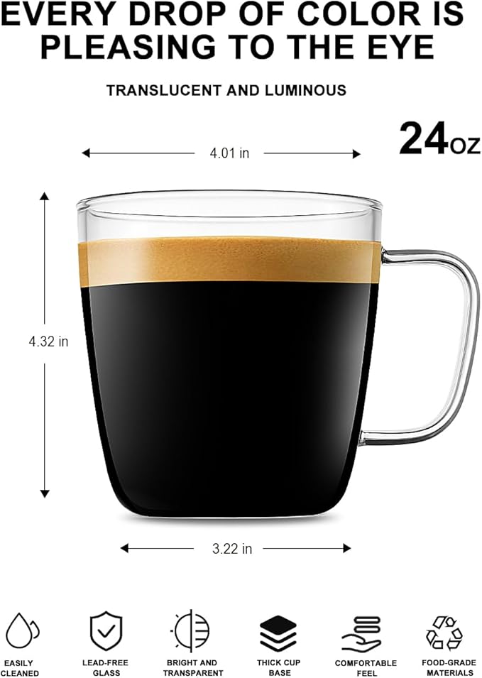 LUXU Premium Large Glass Coffee Mugs(Set of 2)-24 oz,Wide Mouth Hot or Cold Beverage Mugs,Modern Simplicity Glass Tea Coffee Cups-Big Capacity with Comfortable Handle for Home and Office-Clear