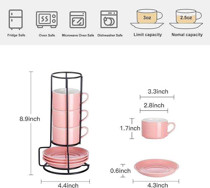 2.5oz Espresso Cups Set of 4, Porcelain Stackable Espresso Cups with Saucers and Metal Stand Set, Pink Expresso Shots Cup Set for Cappuccino, Coffee Drinks, Latte, Tea