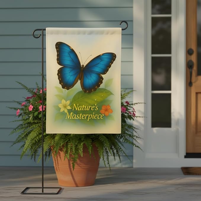 FLAGMEUP8386 Welcome Butterfly Garden Flag 12x18 Inch Double-Sided Polyester Yard Banner with Blue Morpho Tropical Leaves, Fall Flag for Seasonal Garden Decoration with Nature’s Masterpiece Quote
