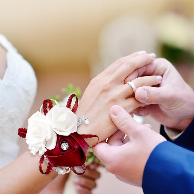 Zeyune 18 Pcs Wrist Corsages for Prom Wedding Artificial Rose Wristlet Corsage Hand Flower for Mother of Bride and Groom, Bridal, Bridesmaid Wedding Supplies (Red)