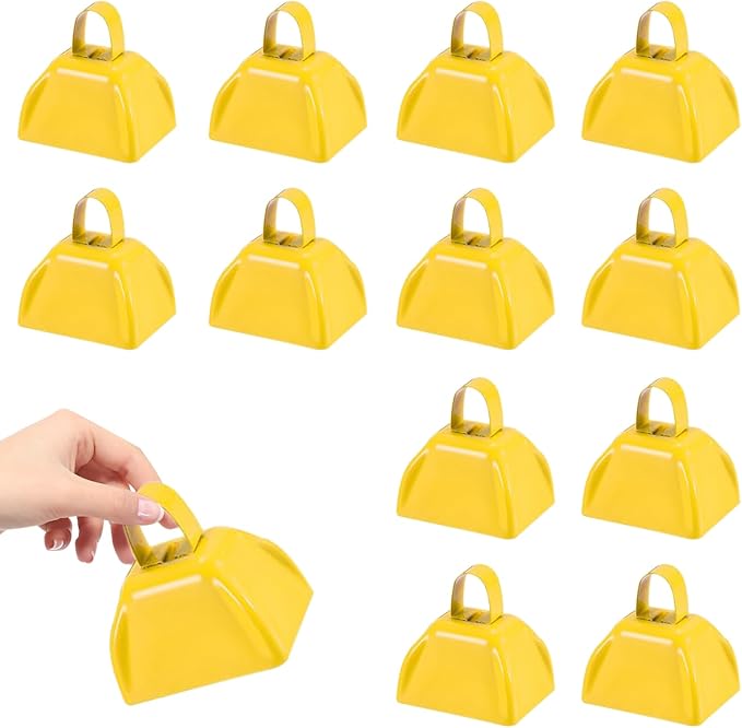 3Inch Cowbells for Sporting Events,12Pcs Metal Cow Bells Bulk Loud Noise Makers Cow Bell with Handle for Cheering Football Games Spirit Marathon Weddings Party Noisemakers, Yellow