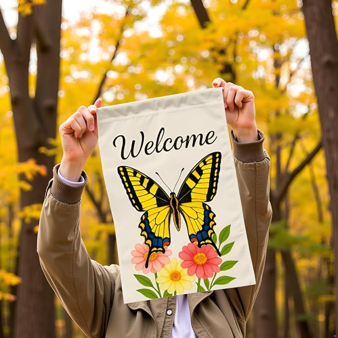 FLAGMEUP8386 Welcome Butterfly Garden Flag 12x18 Inch Double-Sided Polyester Yard Banner with Swallowtail and Floral Design, Outdoor Decoration for Pollinator Week, Labor Day and Fall Garden Refresh