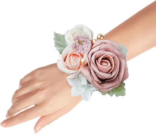 Set of 2 Wrist Corsage Wristlet for Wedding Bridesmaid Mother Grandmother for Bridal Shower Wedding Artificial Roses Flower Prom Dusty Blush Pink