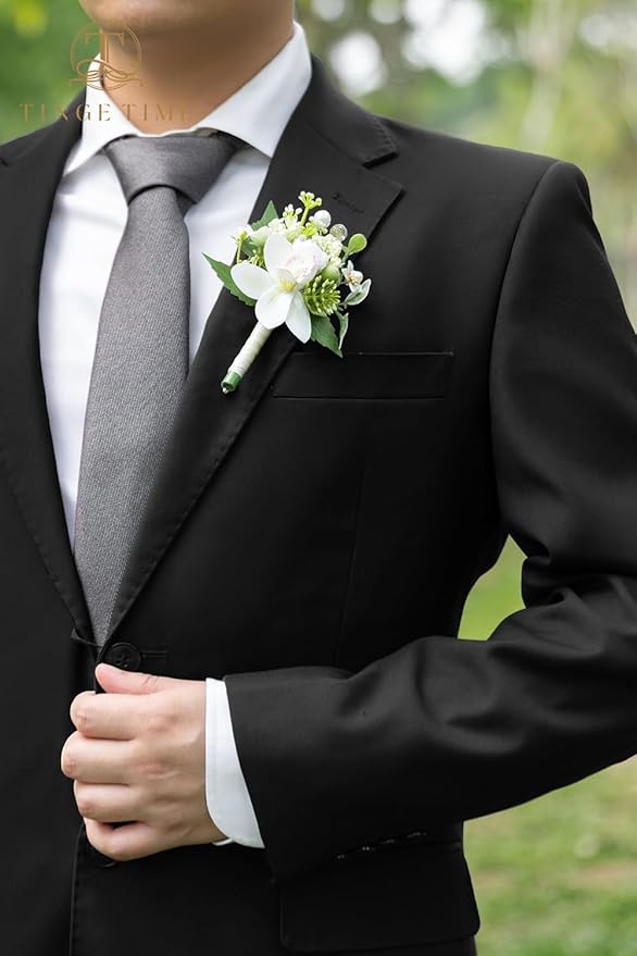 TINGE TIME Boutonniere for Men Wedding,Groom and Best Man Boutonniere for Wedding Ceremony Anniversary, Formal Dinner Party and Rustic Spring Wedding Marriage (10, Ivory Cymbidium)