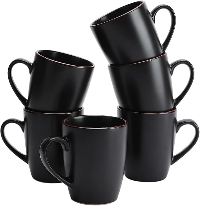 famiware Venus Coffee Mugs for 6, 14 oz Mug Set, Dringking Cup with Handle for Coffee, Tea, Cocoa, Milk, Matte Black