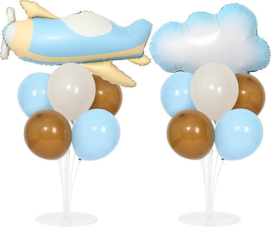 Airplane Baby Shower Birthday Party Decorations Balloons Stand Kit 2 Sets with 2 Airplane Cloud Foil Balloons Baby Boy Shower Balloon Centerpiece for Table for Kid Time Flies 1st Birthday Party Decor