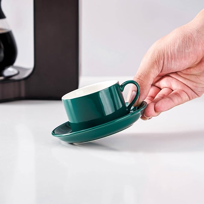 2.5oz Espresso Cups Set of 4, Porcelain Stackable Espresso Cups with Saucers and Metal Stand Set, Green Expresso Shots Cup Set for Cappuccino, Coffee Drinks, Latte, Tea